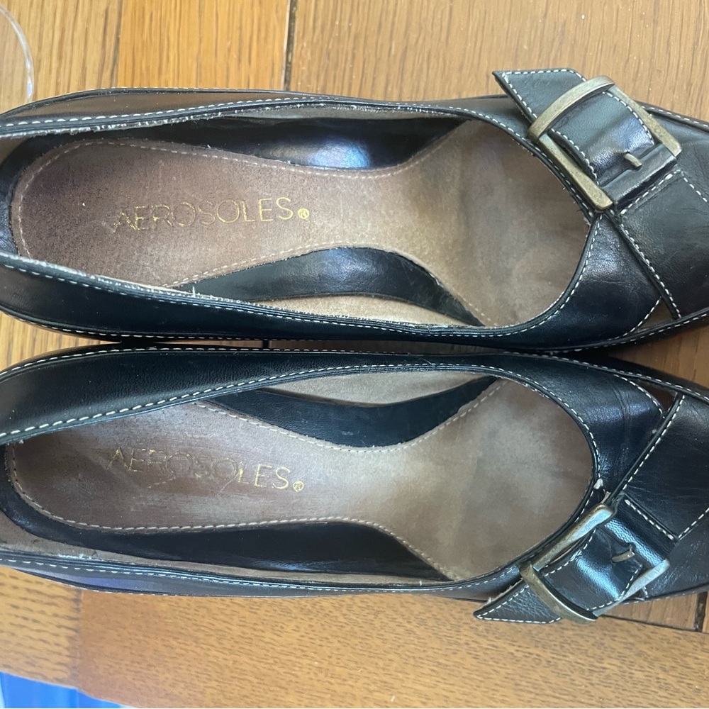 AEROSOLES Black Flats with Metallic Buckle Detail